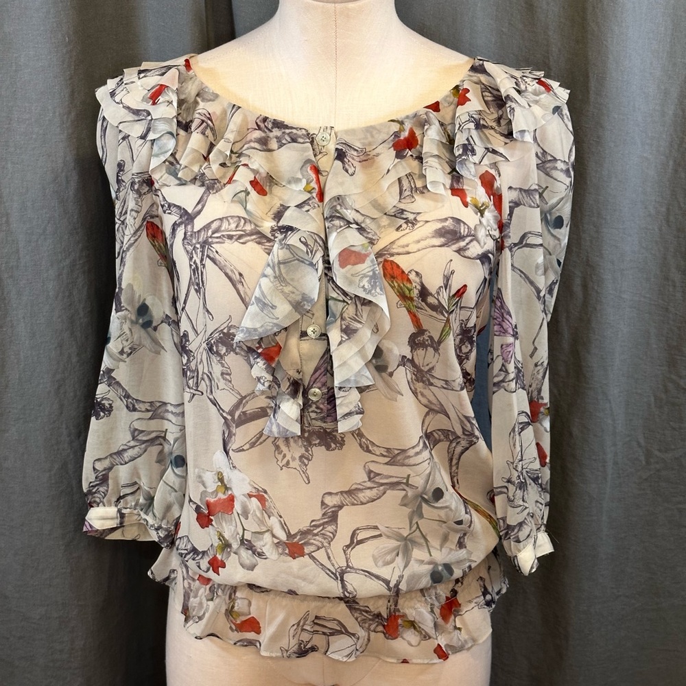 Ted Baker 3/4 Sleeve Ruffle Collar & Gathered Ruffle Hem Print Blouse Sz 0